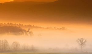 Preview wallpaper fog, field, mountain