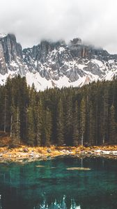 Preview wallpaper fog, lake, forest, rocks, reflection