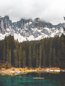 Preview wallpaper fog, lake, forest, rocks, reflection