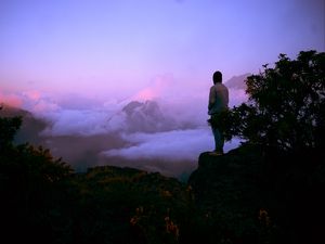 Preview wallpaper fog, man, mountains, top