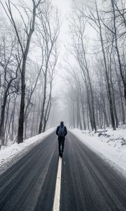 Preview wallpaper fog, man, snow, trees, road, loneliness