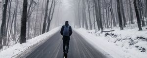 Preview wallpaper fog, man, snow, trees, road, loneliness