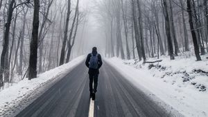 Preview wallpaper fog, man, snow, trees, road, loneliness