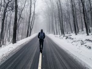 Preview wallpaper fog, man, snow, trees, road, loneliness