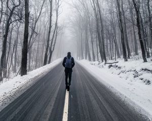 Preview wallpaper fog, man, snow, trees, road, loneliness