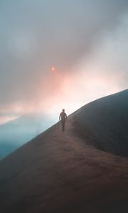 Preview wallpaper fog, mountain, man, loneliness, peak, solitude, sky