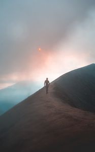 Preview wallpaper fog, mountain, man, loneliness, peak, solitude, sky