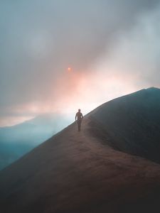 Preview wallpaper fog, mountain, man, loneliness, peak, solitude, sky