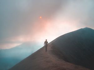 Preview wallpaper fog, mountain, man, loneliness, peak, solitude, sky