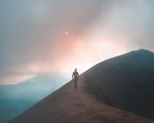 Preview wallpaper fog, mountain, man, loneliness, peak, solitude, sky