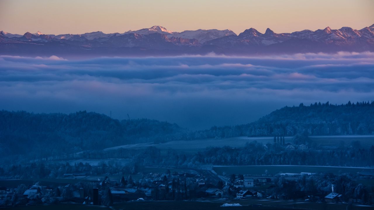 Wallpaper fog, mountains, twilight, winter, sky, switzerland