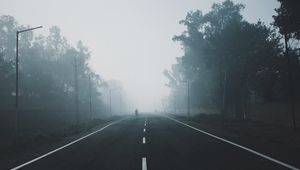 Preview wallpaper fog, road, trees, markup, horizon