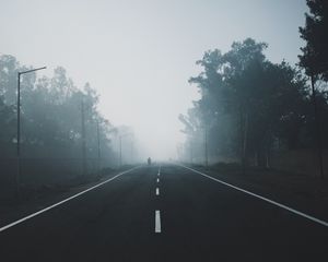 Preview wallpaper fog, road, trees, markup, horizon