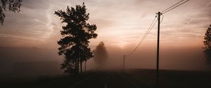 Preview wallpaper fog, road, trees, twilight, sky