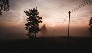 Preview wallpaper fog, road, trees, twilight, sky