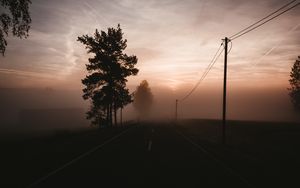 Preview wallpaper fog, road, trees, twilight, sky