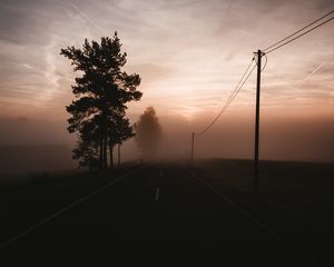 Preview wallpaper fog, road, trees, twilight, sky