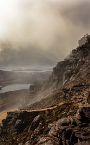 Preview wallpaper fog, rock, cliff, stone