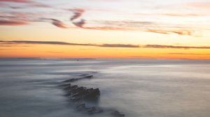 Preview wallpaper fog, rocks, horizon, dusk, landscape