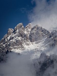 Preview wallpaper fog, rocks, mountain, snowy, snow