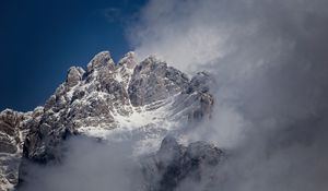 Preview wallpaper fog, rocks, mountain, snowy, snow