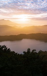 Preview wallpaper fog, sunset, forest, hills