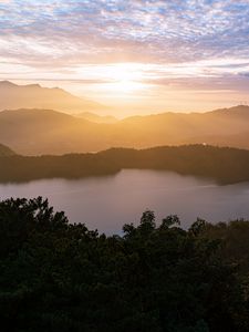 Preview wallpaper fog, sunset, forest, hills