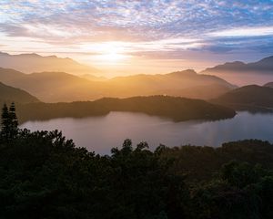 Preview wallpaper fog, sunset, forest, hills