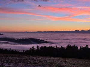 Preview wallpaper fog, sunset, horizon, sky