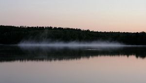 Preview wallpaper fog, surface of the water, trees, coast, evening, outlines