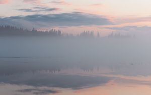 Preview wallpaper fog, trees, reflection, clouds