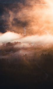 Preview wallpaper fog, trees, village, aerial view