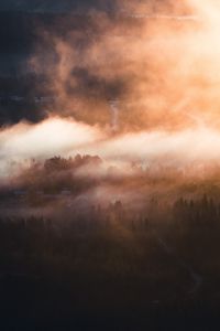 Preview wallpaper fog, trees, village, aerial view