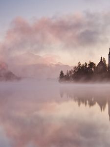 Preview wallpaper fog, water, castle, morning