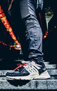Preview wallpaper foot, sneaker, ladder, jeans