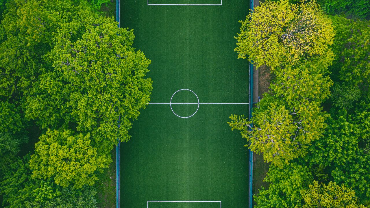 Wallpaper football field, aerial view, trees, playground, green