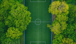 Preview wallpaper football field, aerial view, trees, playground, green