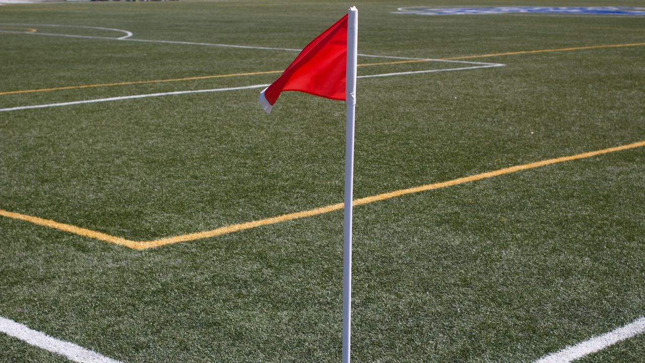 Wallpaper football field, flag, football, lawn, marking