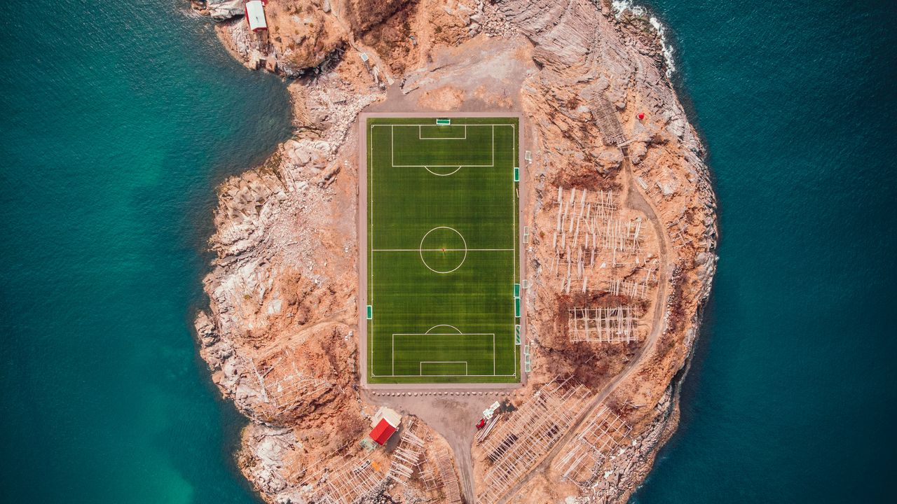 Wallpaper football field, island, top view, lofoten, norway