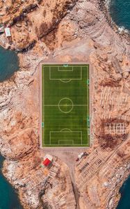 Preview wallpaper football field, island, top view, lofoten, norway