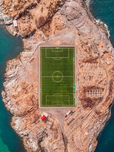 Preview wallpaper football field, island, top view, lofoten, norway