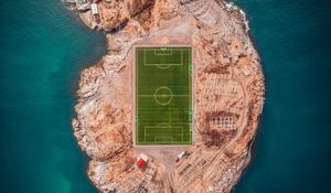 Preview wallpaper football field, island, top view, lofoten, norway