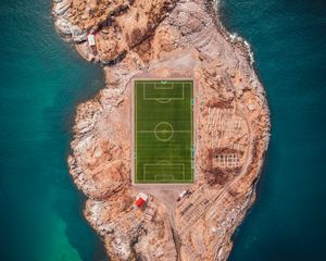 Preview wallpaper football field, island, top view, lofoten, norway