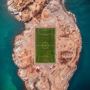 Preview wallpaper football field, island, top view, lofoten, norway