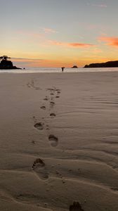 Preview wallpaper footprints, sand, beach, sea, silhouette, sunset