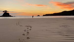 Preview wallpaper footprints, sand, beach, sea, silhouette, sunset