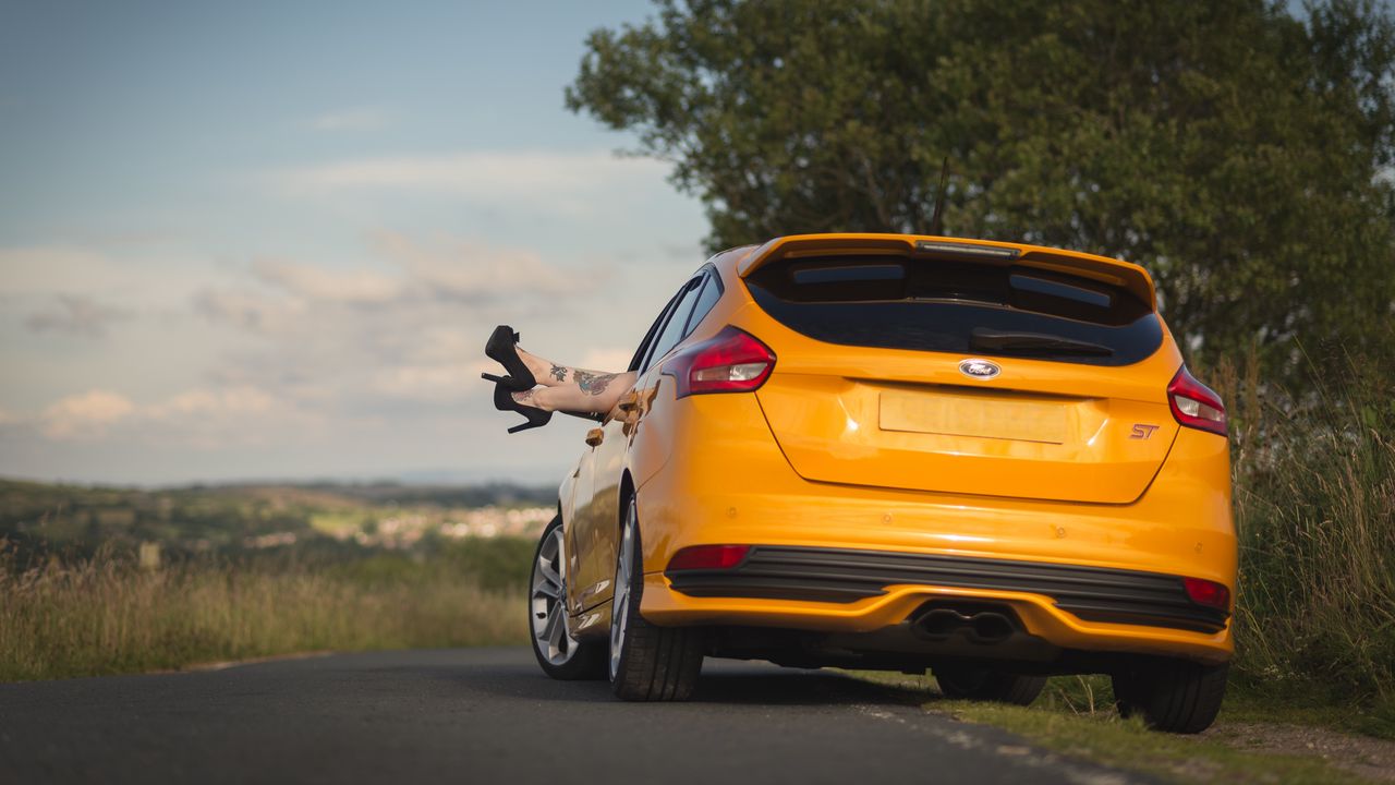 Wallpaper ford, car, legs, shoes, high-heeled shoes, tattoos, girl, rest, nature, ford focus st