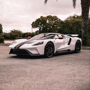 Preview wallpaper ford gt, ford, sportscar, white, side view, asphalt