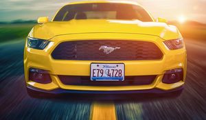 Preview wallpaper ford mustang, 2015, muscle car, yellow, front view