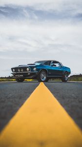 Preview wallpaper ford mustang, car, blue, side view, road, asphalt